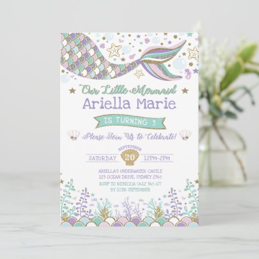 Zeemeerminnende uitnodiging krachtens de Birthday- (Staand voorkant)