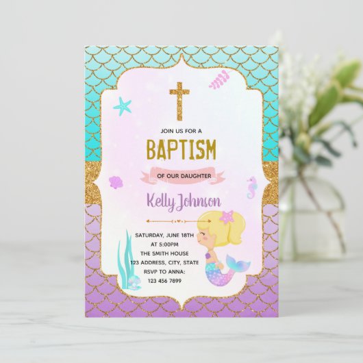 Zeemeerminnendoop thema uitnodiging (Staand voorkant)