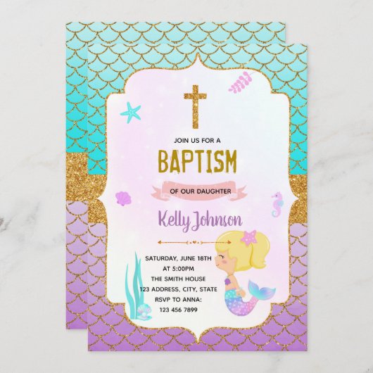 Zeemeerminnendoop thema uitnodiging (Voorkant / Achterkant)