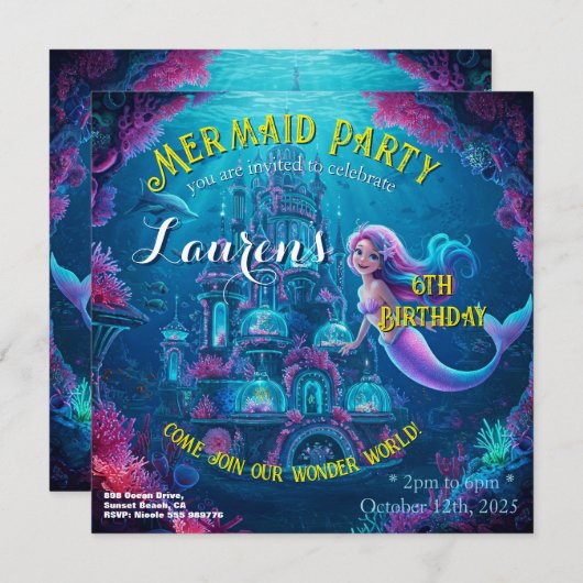 Zeemeerminnenfeest - Verjaardagsuitnodiging Feestdagenkaart (Voorkant / Achterkant)