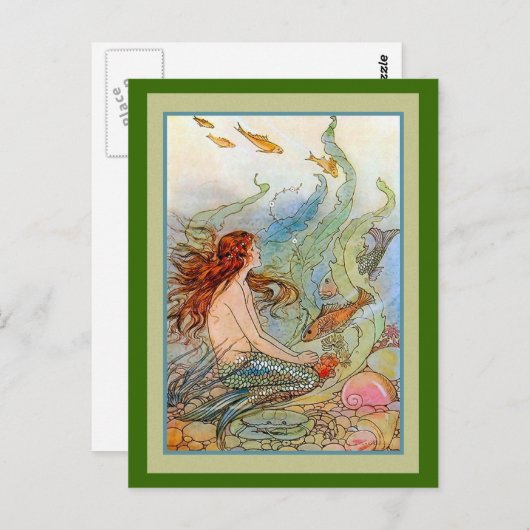 Zeemeerminnenmeisje in Zee met vis en schelpen Briefkaart (Voorkant / Achterkant)