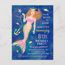 Zeemeerminnenverjaardag onder het Zee Redhead Pool Uitnodiging Briefkaart
