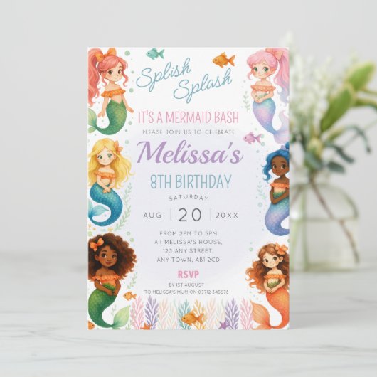 Zeemeerminnenverjaardagsfeest nodigt splash bash u kaart (Staand voorkant)