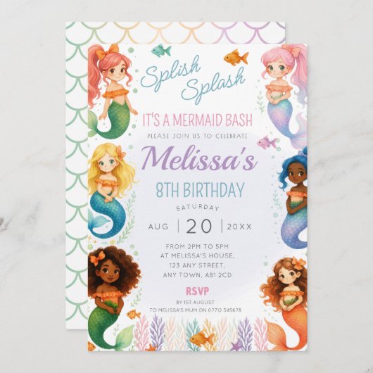 Zeemeerminnenverjaardagsfeest nodigt splash bash u kaart (Voorkant / Achterkant)