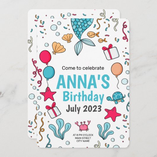 Zeemeerminnenverjaardagsuitnodiging, onder het zee kaart (Voorkant / Achterkant)