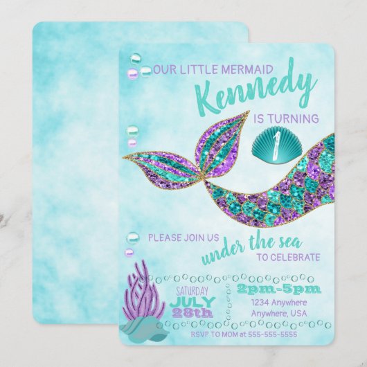 Zeemeerminnenverjaardagsuitnodiging, onder het Zee Kaart (Voorkant / Achterkant)