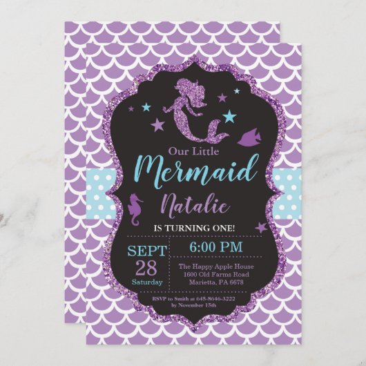 Zeemeerminnenverjaardagsuitnodiging onder het Zee Kaart (Voorkant / Achterkant)