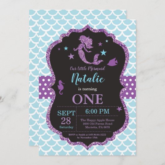 Zeemeerminnenverjaardagsuitnodiging onder het Zee Kaart (Voorkant / Achterkant)