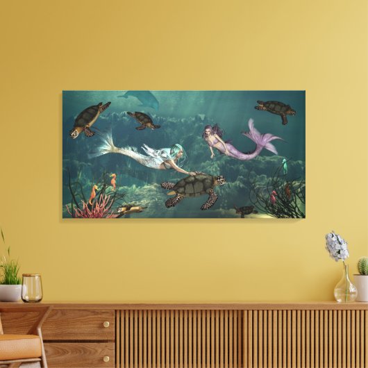 Zeemeerminningen bij schildpad canvas afdruk (Insitu (Woonkamer))