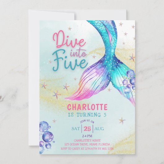 Zeemeerminstaart Duik in vijf 5e verjaardag Kaart (Voorkant)