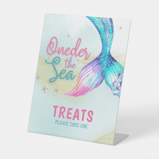 Zeemeerminstaart Onder het zee 1e verjaardagstreke Reclamebord Met Voetstuk (Voorkant)