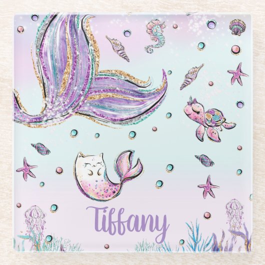 Zeemeerminstaart onder het Zee Ocean Creature Merc Glazen Onderzetter (Voorkant)