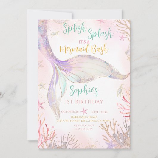 Zeemeerminstaart Splish Splash Roze Paarse Verjaar Kaart (Voorkant)