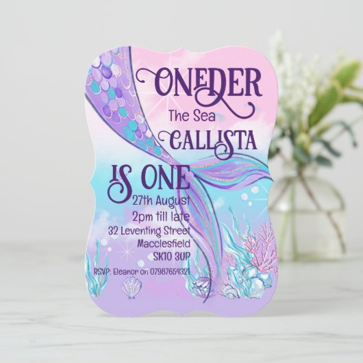 Zeemeerminstaart uitnodiging (Staand voorkant)