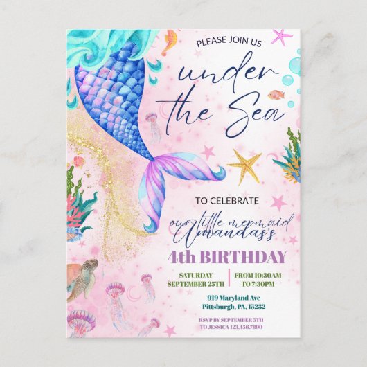 Zeemeerminstaart Waterverf Verjaardag Onder de Zee Briefkaart (Voorkant)