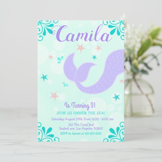 Zeemeerminstaartverjaardag onder het Zee Paarse Bl Kaart (Staand voorkant)