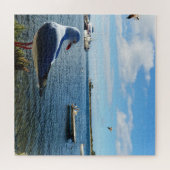 Zeemeeuw, boten en de oceaan, legpuzzel (Horizontaal)