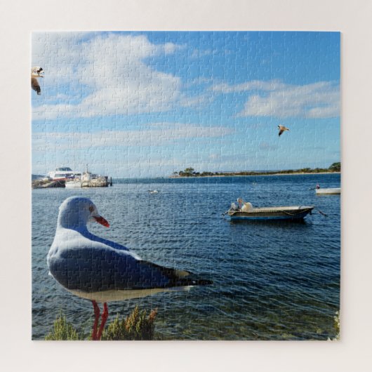 Zeemeeuw, boten en de oceaan, legpuzzel (Verticaal)