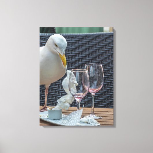 Zeemeeuw en wijnglazen uitzicht canvas print (Voorkant)