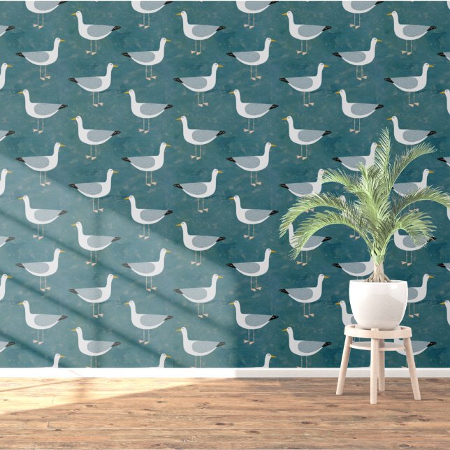 Zeemeeuw Kust Blauwgroen Groen Behang (Seagull nautical coastal themed wallpaper)