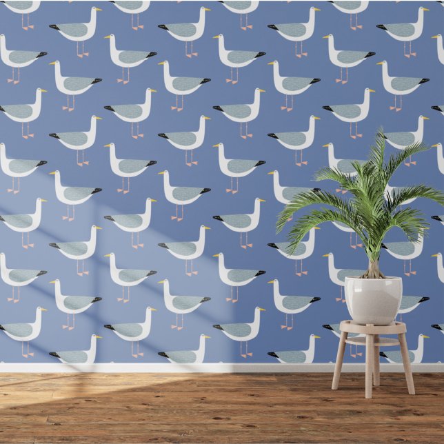 Zeemeeuw Kustblauw Behang (Fun seagull nautical coastal blue wallpaper)