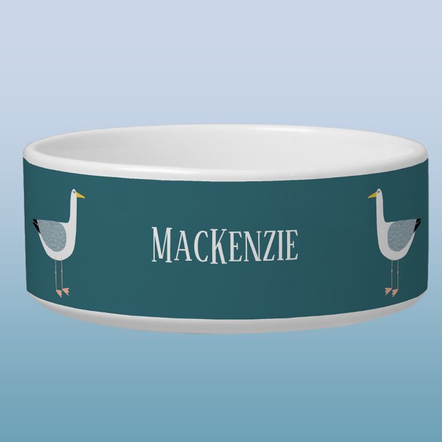 Zeemeeuw Kustgepersonaliseerde huisdier Voerbakje (Fun seagull coastal themed personalized name dog or pet bowl)
