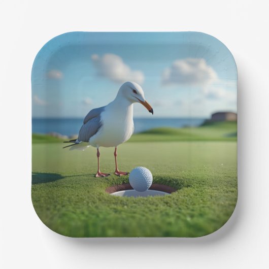 Zeemeeuw met een hole-in-one golfbal papieren bordje (Voorkant)