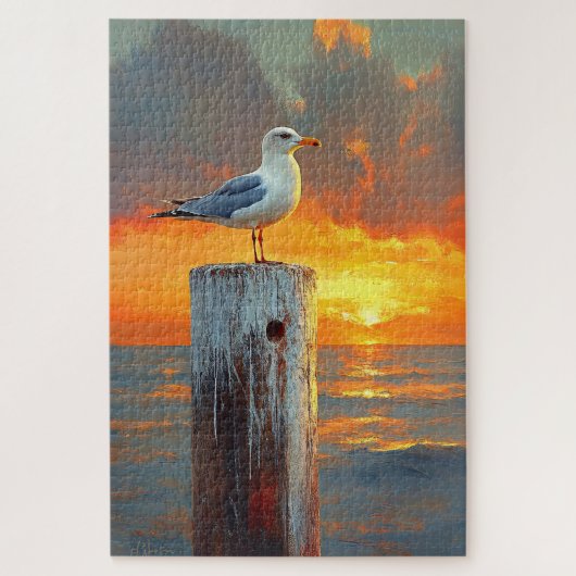 Zeemeeuw op een Pole Sunset Legpuzzel (Verticaal)