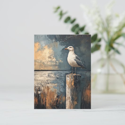 Zeemeeuw op een post olieverfschilderij briefkaart (Staand voorkant)