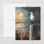 Zeemeeuw op een post olieverfschilderij briefkaart (Voorkant / Achterkant)