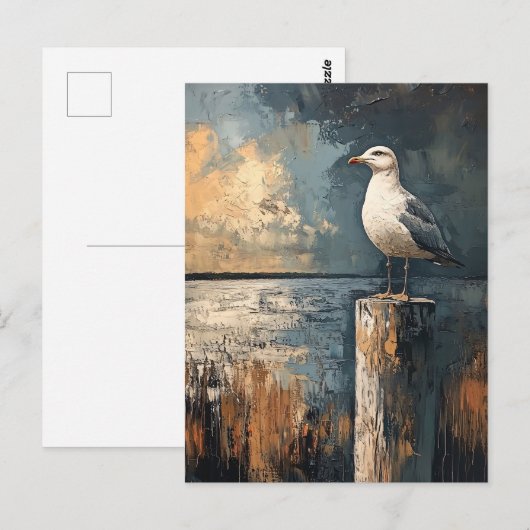 Zeemeeuw op een post olieverfschilderij briefkaart (Voorkant / Achterkant)