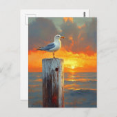 Zeemeeuw op een Post Sunset Over The Ocean Art Briefkaart (Voorkant / Achterkant)