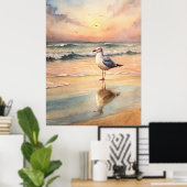Zeemeeuw op een strand poster (Thuiskantoor)