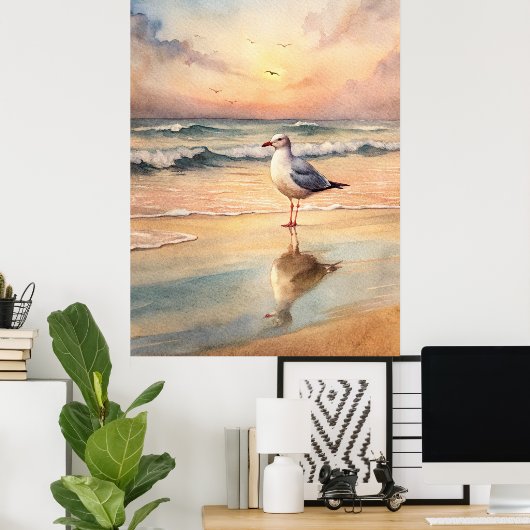Zeemeeuw op een strand poster (Thuiskantoor)