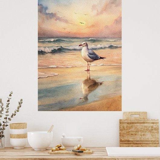 Zeemeeuw op een strand poster (Keuken)