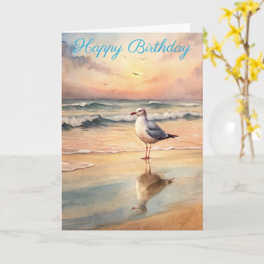 Zeemeeuw op een strand Verjaardag Kaart (Gele Bloem)