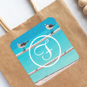 Zeemeeuw strand vogels foto kust monogram script vierkante sticker