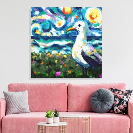 Zeemeeuw Van Gogh Style Beach Sky Blue Blauwgroen Canvas Afdruk (Insitu (Woonkamer))