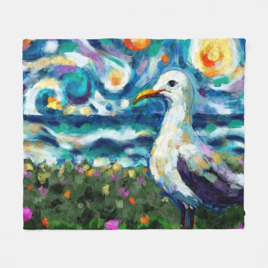 Zeemeeuw Van Gogh Style Beach Sky Blue Blauwgroen Fleece Deken (Voorkant (Horizontaal))