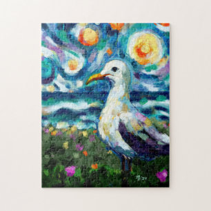 Zeemeeuw Van Gogh Style Beach Sky Blue Blauwgroen Legpuzzel