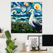 Zeemeeuw Van Gogh Style Beach Sky Blue Blauwgroen Poster (Thuiskantoor)