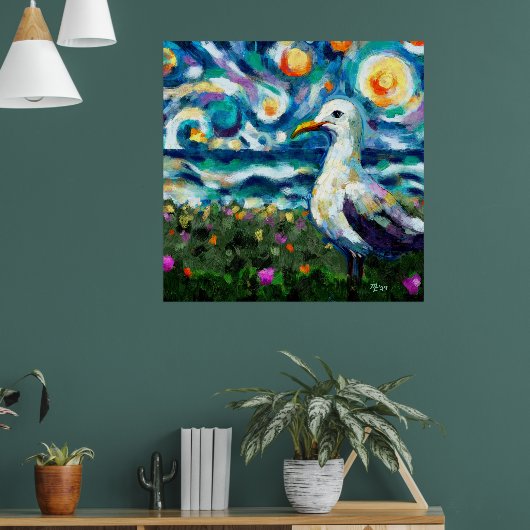 Zeemeeuw Van Gogh Style Beach Sky Blue Blauwgroen Poster (Woonkamer 1)