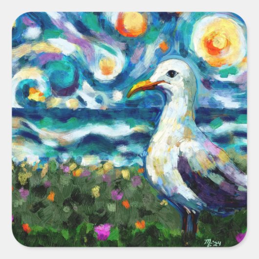 Zeemeeuw Van Gogh Style Beach Sky Blue Blauwgroen Vierkante Sticker (Voorkant)