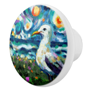 Zeemeeuw Van Gogh Style Beach Sky Blue Nautical Keramische Knop