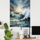Zeemeeuw vliegt over Stormy Zee Poster (Thuiskantoor)