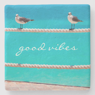 Zeemeeuw Vogels Turquoise Oceaan Foto Goede Vibes Stenen Onderzetter