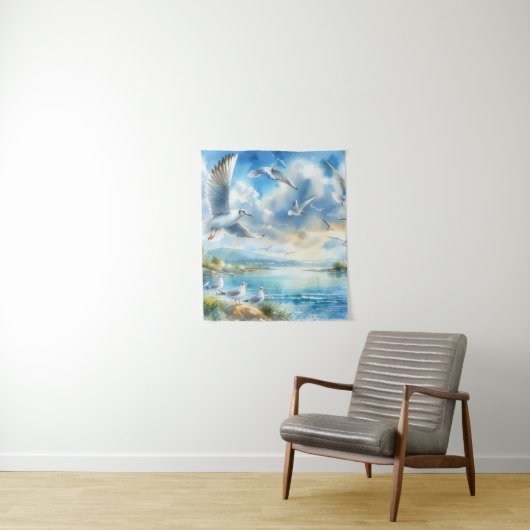 Zeemeeuw Waterverf schilderij wandtapijt Wandkleed (In situ)