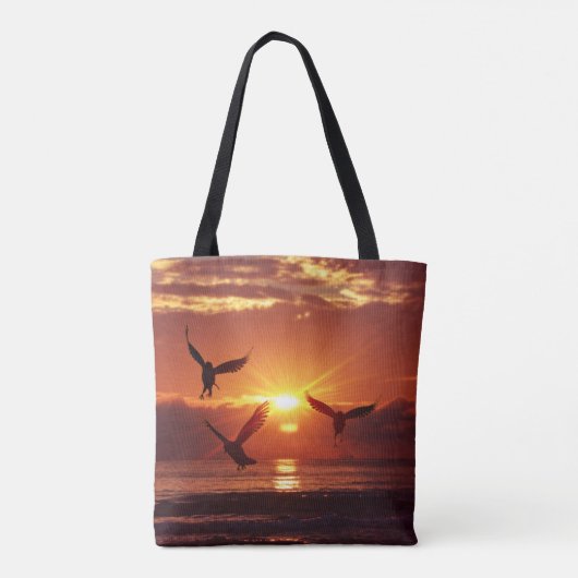 Zeemeeuwen die onder een gouden zonsondergang vlie tote bag (Achterkant)