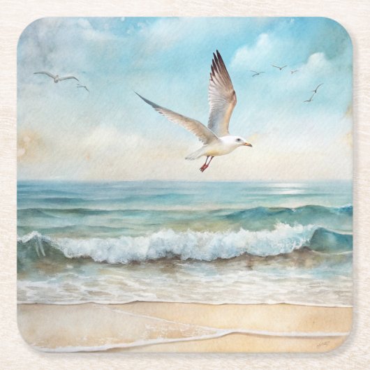 Zeemeeuwen die op een strand vliegen kartonnen onderzetters (Voorkant)