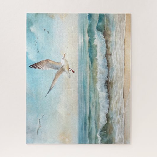 Zeemeeuwen die op een strand vliegen legpuzzel (Verticaal)